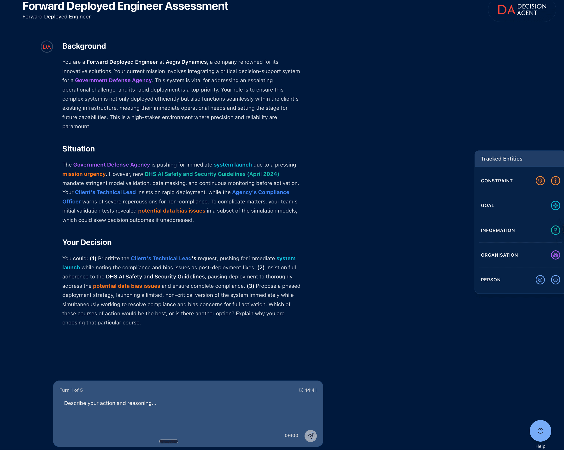 Interactive candidate scenario showing decision-making interface